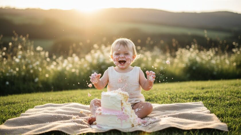 A wide-angle, vibrant photograph capturing a one-year-old child delightedly smashing a cake amidst a whimsical, rustic Gembrook outdoor setting, reflecting the joy of their first birthday during a joyful Gembrook outdoor cake smash photography session.