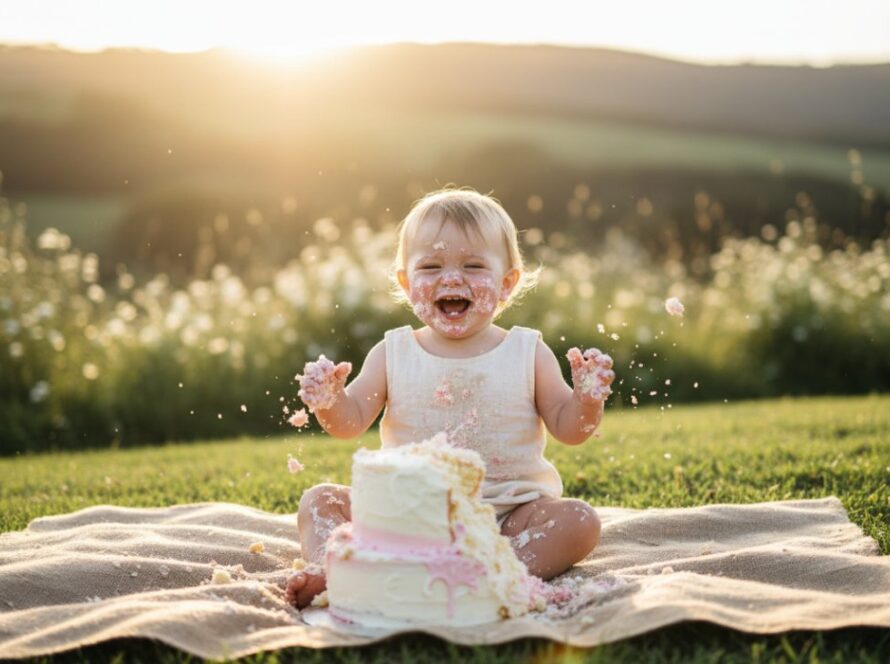 A wide-angle, vibrant photograph capturing a one-year-old child delightedly smashing a cake amidst a whimsical, rustic Gembrook outdoor setting, reflecting the joy of their first birthday during a joyful Gembrook outdoor cake smash photography session.