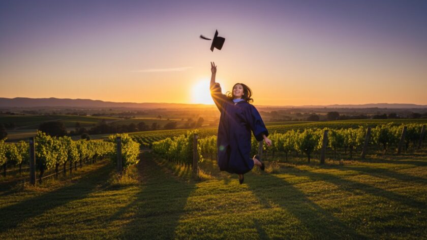 A graduating student in cap and gown, joyfully tossing their mortarboard against a stunning golden hour backdrop of rolling vineyards in Dixons Creek, Yarra Valley, celebrating joyful graduation photography in Dixons Creek Yarra Valley.