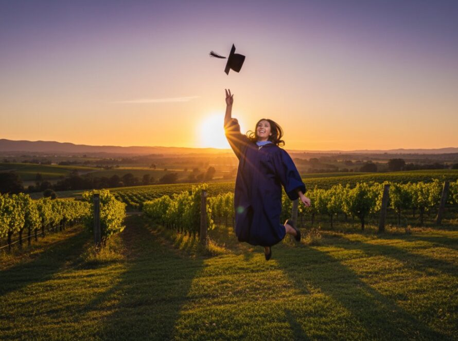 A graduating student in cap and gown, joyfully tossing their mortarboard against a stunning golden hour backdrop of rolling vineyards in Dixons Creek, Yarra Valley, celebrating joyful graduation photography in Dixons Creek Yarra Valley.