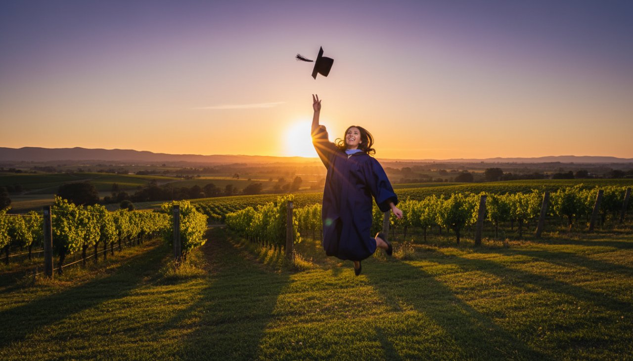 A graduating student in cap and gown, joyfully tossing their mortarboard against a stunning golden hour backdrop of rolling vineyards in Dixons Creek, Yarra Valley, celebrating joyful graduation photography in Dixons Creek Yarra Valley.