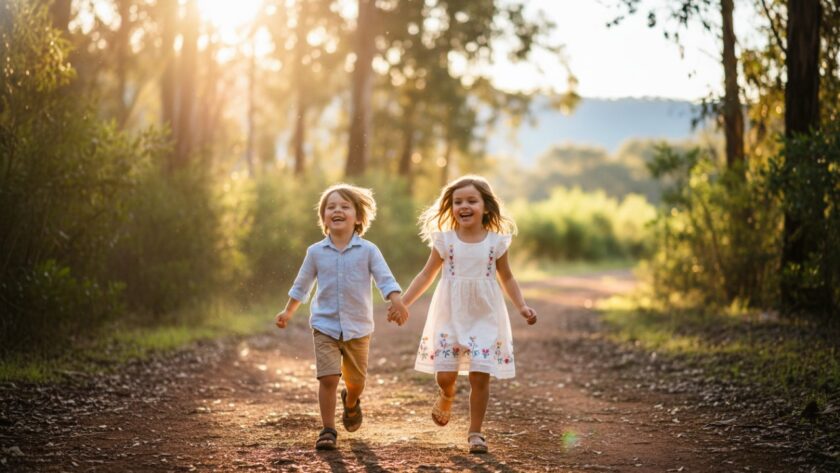 An epic moment of joyful kids photography in Clematis Dandenong Ranges, featuring two siblings laughing purely as they run through sun-dappled eucalyptus trees near Emerald Lake Park, captured at golden hour with warm, glowing light and a shallow depth of field.