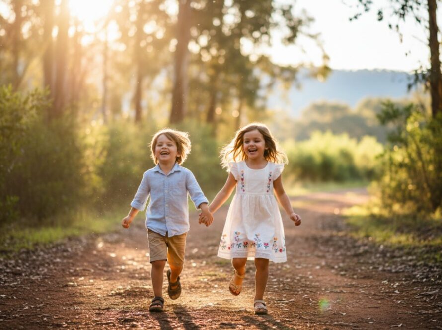 An epic moment of joyful kids photography in Clematis Dandenong Ranges, featuring two siblings laughing purely as they run through sun-dappled eucalyptus trees near Emerald Lake Park, captured at golden hour with warm, glowing light and a shallow depth of field.