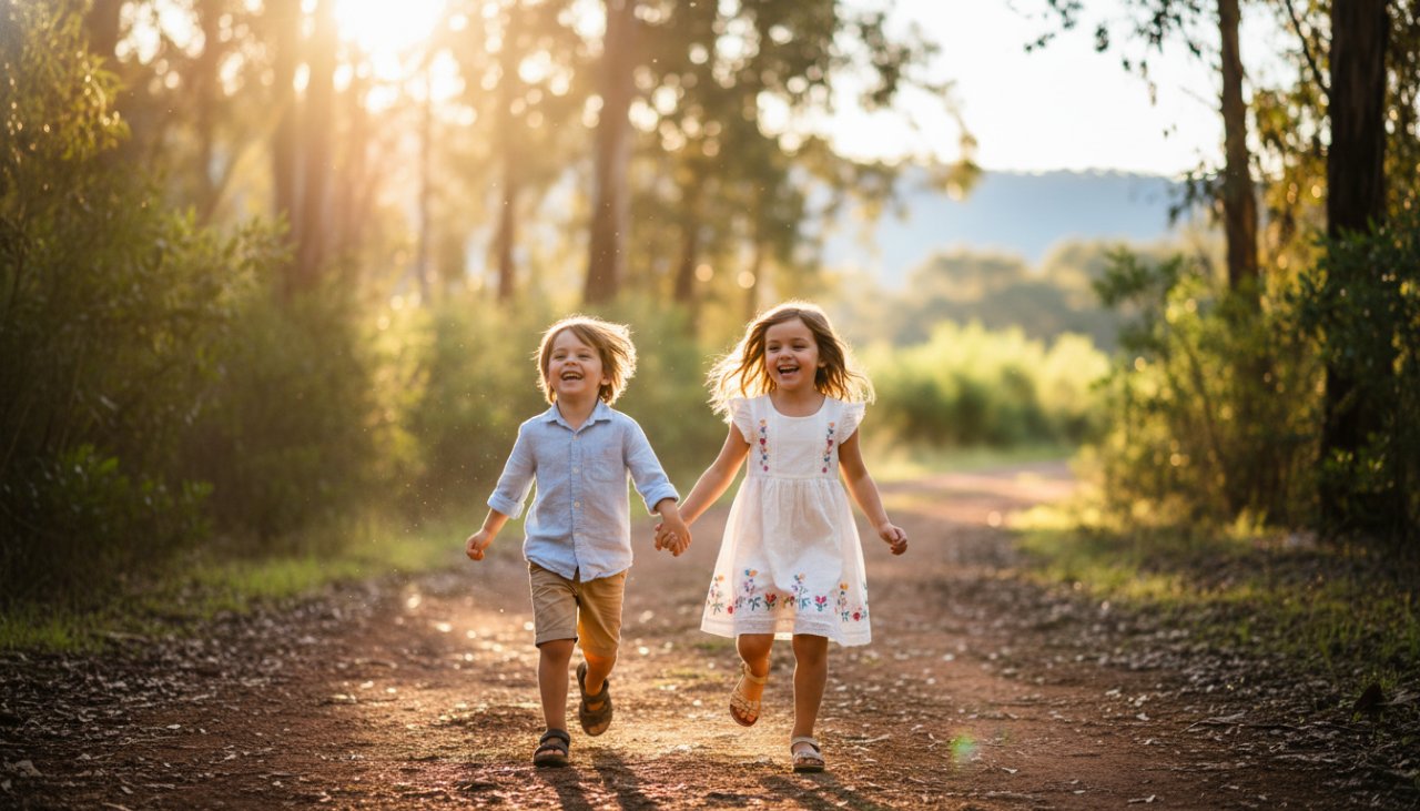 An epic moment of joyful kids photography in Clematis Dandenong Ranges, featuring two siblings laughing purely as they run through sun-dappled eucalyptus trees near Emerald Lake Park, captured at golden hour with warm, glowing light and a shallow depth of field.