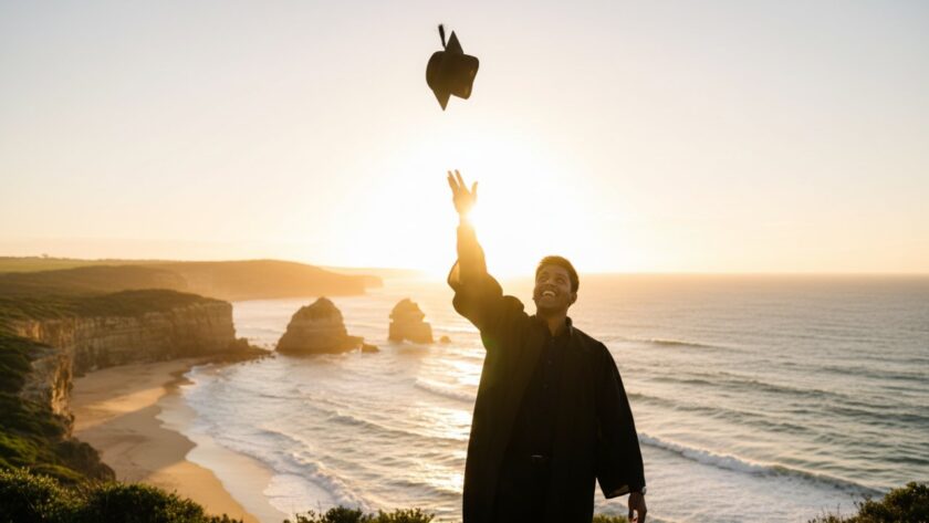 A jubilant graduate in cap and gown throws their hat into the air against a stunning Mornington Peninsula coastal backdrop at sunset, encapsulating a joyful Mornington graduation photography experience with cinematic lighting.