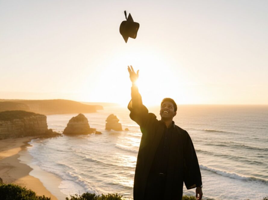 A jubilant graduate in cap and gown throws their hat into the air against a stunning Mornington Peninsula coastal backdrop at sunset, encapsulating a joyful Mornington graduation photography experience with cinematic lighting.