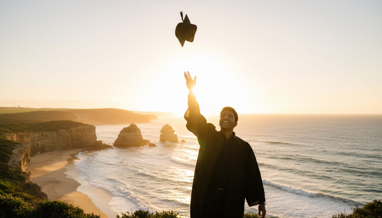 A jubilant graduate in cap and gown throws their hat into the air against a stunning Mornington Peninsula coastal backdrop at sunset, encapsulating a joyful Mornington graduation photography experience with cinematic lighting.