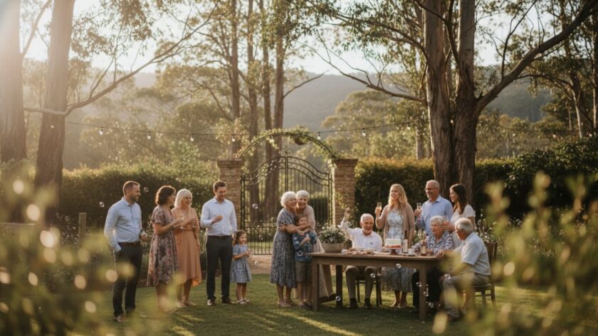 Joyful Mount Dandenong party photography capturing candid moments of guests laughing and dancing under string lights at a garden party, with lush Dandenong Ranges foliage in the soft focus background, bathed in warm golden hour light.