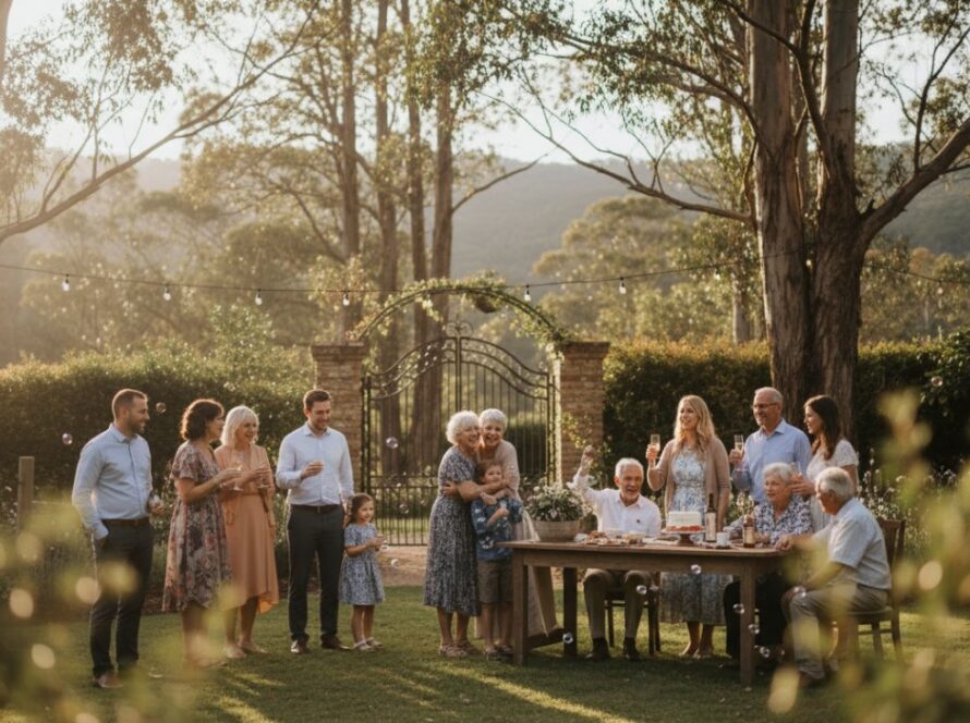 Joyful Mount Dandenong party photography capturing candid moments of guests laughing and dancing under string lights at a garden party, with lush Dandenong Ranges foliage in the soft focus background, bathed in warm golden hour light.
