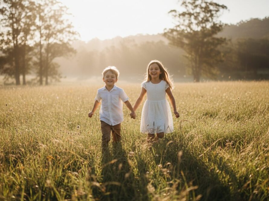 A candid, joyful outdoor kids photography Belgrave Heights families moment: two siblings laughing while running through dappled sunlight in a lush, green Dandenongs park, captured from a low angle.