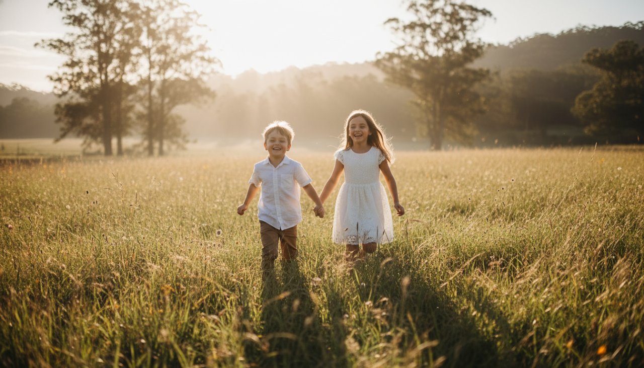 A candid, joyful outdoor kids photography Belgrave Heights families moment: two siblings laughing while running through dappled sunlight in a lush, green Dandenongs park, captured from a low angle.