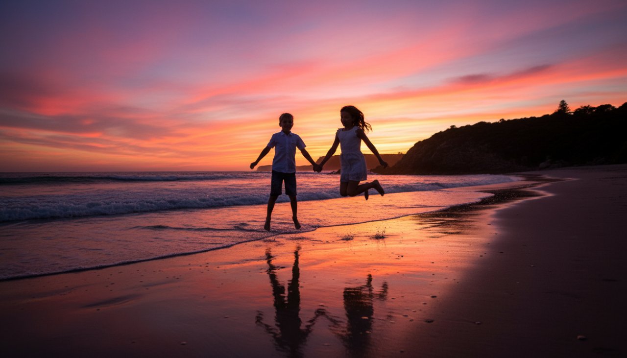 Joyful outdoor kids photography Mornington Peninsula: A child with windswept hair running gleefully along the shore at sunset, splashing in the shallow waves, with dramatic golden light, captured from a low angle to convey immense joy and freedom.
