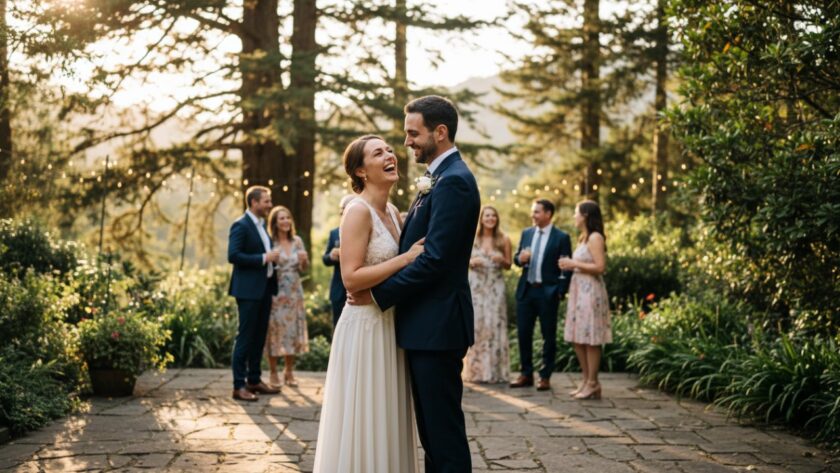 A vibrant, candid shot of guests laughing and raising glasses in a beautifully decorated Sassafras garden party, perfectly capturing the joyful party photography Sassafras atmosphere during an unforgettable celebration, with the Dandenong Ranges in the soft focus background at golden hour.