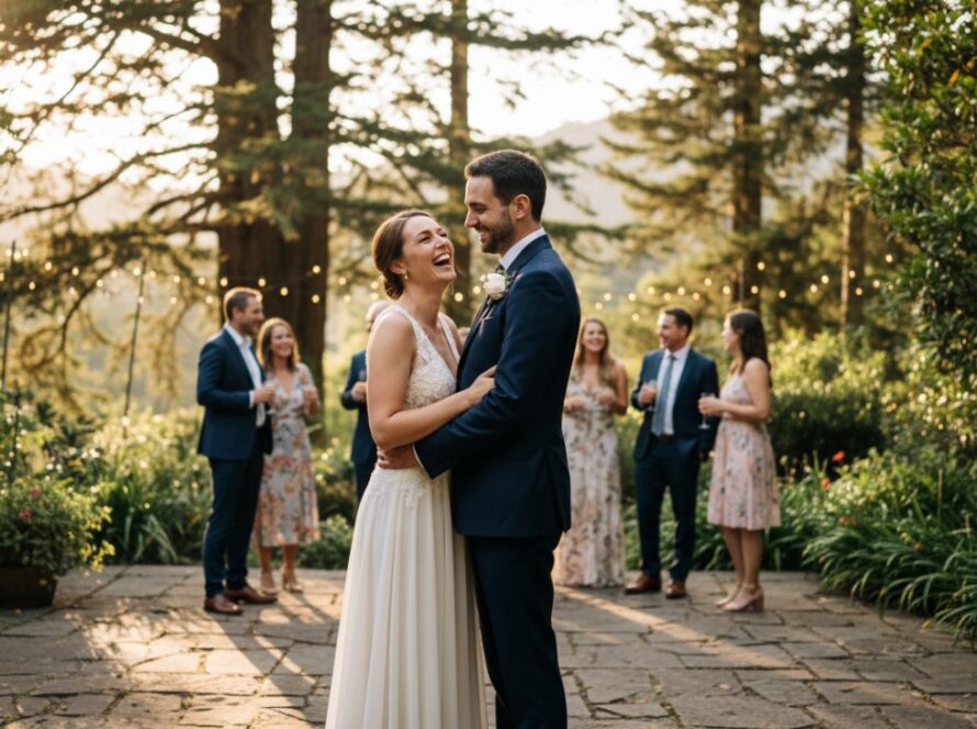A vibrant, candid shot of guests laughing and raising glasses in a beautifully decorated Sassafras garden party, perfectly capturing the joyful party photography Sassafras atmosphere during an unforgettable celebration, with the Dandenong Ranges in the soft focus background at golden hour.