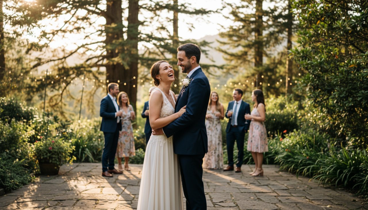 A vibrant, candid shot of guests laughing and raising glasses in a beautifully decorated Sassafras garden party, perfectly capturing the joyful party photography Sassafras atmosphere during an unforgettable celebration, with the Dandenong Ranges in the soft focus background at golden hour.