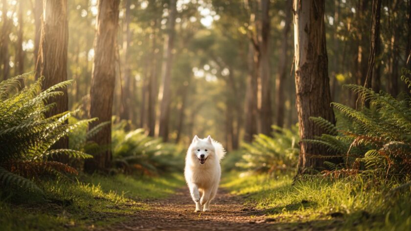 A heartwarming, sun-drenched photograph capturing the essence of joyful pet photography in Ferny Creek, showing a golden retriever leaping gracefully through dappled light in a lush forest, tail wagging with pure happiness.