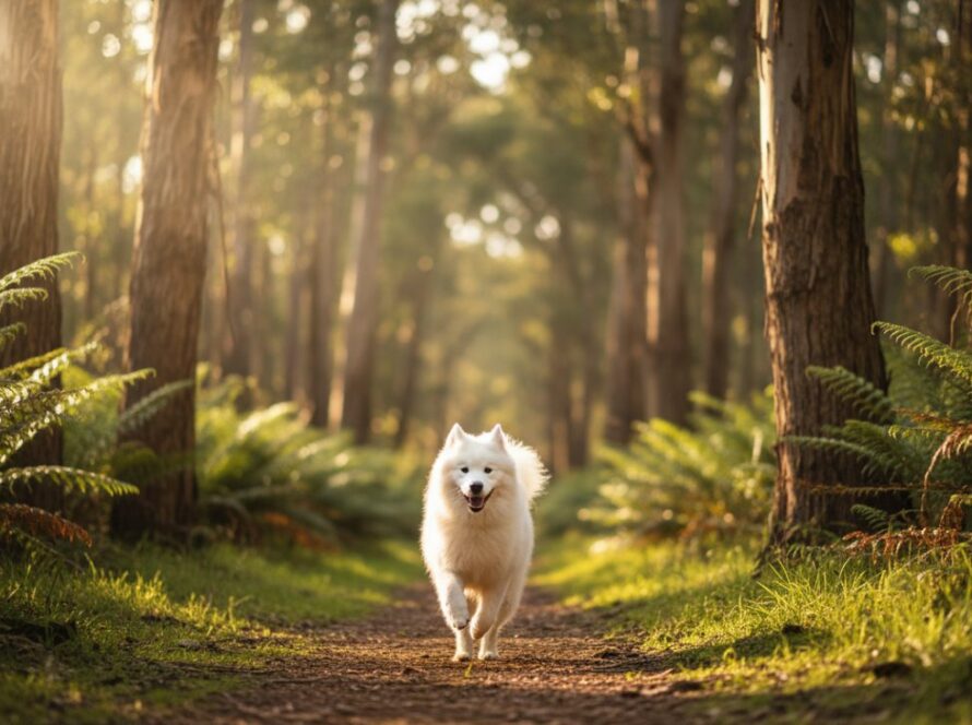 A heartwarming, sun-drenched photograph capturing the essence of joyful pet photography in Ferny Creek, showing a golden retriever leaping gracefully through dappled light in a lush forest, tail wagging with pure happiness.
