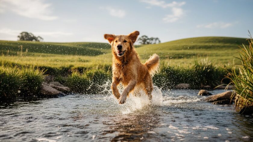 A golden retriever joyfully leaping through a sun-dappled field in Steels Creek, Victoria, its fur glowing, perfectly capturing a moment of "Joyful pet photography Steels Creek natural backdrop" with a wide-angle lens.
