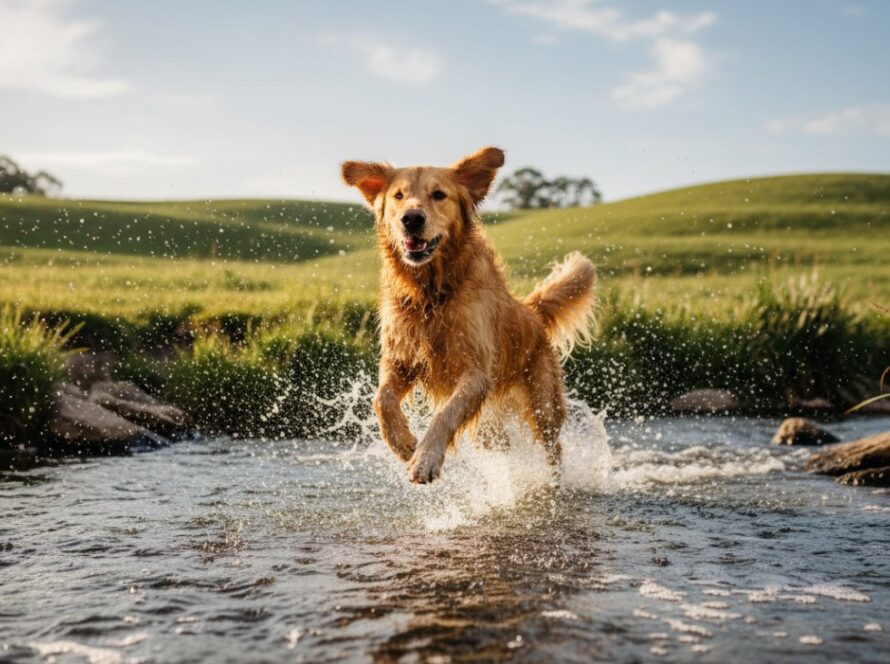 A golden retriever joyfully leaping through a sun-dappled field in Steels Creek, Victoria, its fur glowing, perfectly capturing a moment of "Joyful pet photography Steels Creek natural backdrop" with a wide-angle lens.