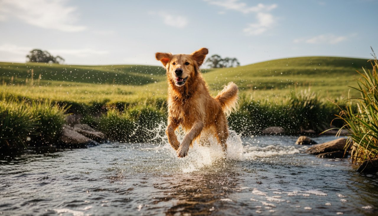 A golden retriever joyfully leaping through a sun-dappled field in Steels Creek, Victoria, its fur glowing, perfectly capturing a moment of "Joyful pet photography Steels Creek natural backdrop" with a wide-angle lens.