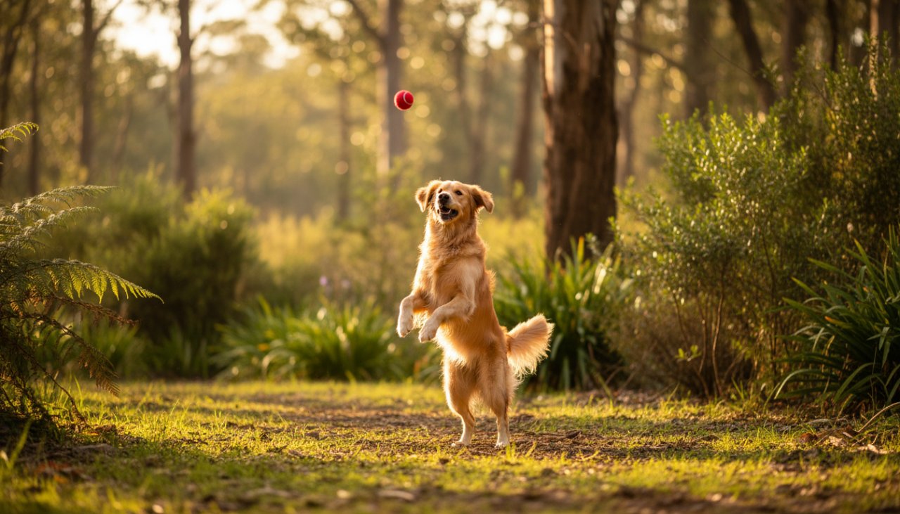 A joyful golden retriever mid-leap, playing fetch in the sun-dappled native bushland of Belgrave South, embodying joyful pet portraits Belgrave South native bushland. The dog's fur glows, surrounded by vibrant Australian flora, captured at a perfect, energetic moment.
