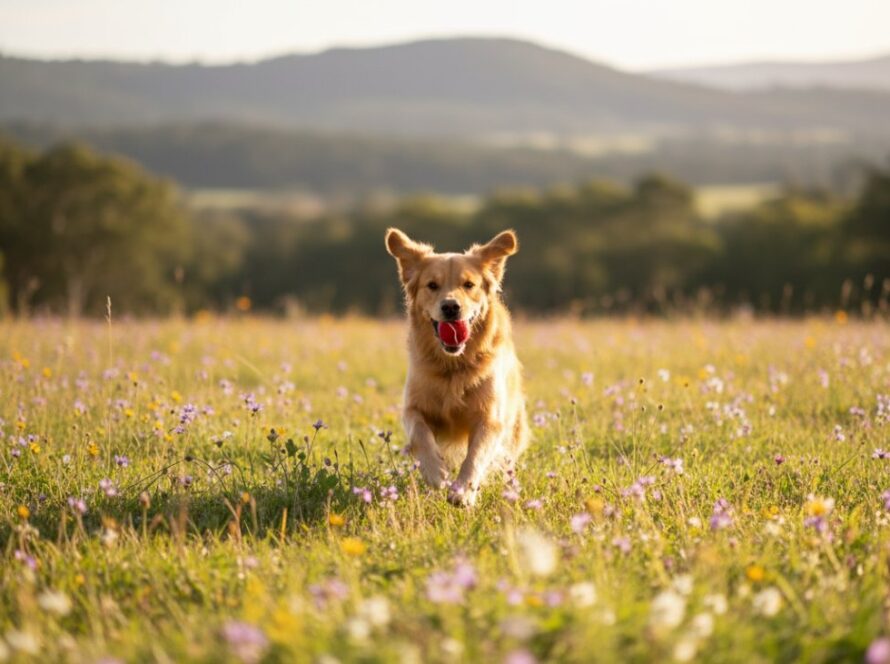 An energetic golden retriever joyfully leaping through a sun-drenched meadow in Chum Creek, Victoria, chasing a frisbee with pure bliss, epitomising joyful pet portraits Chum Creek Victoria.