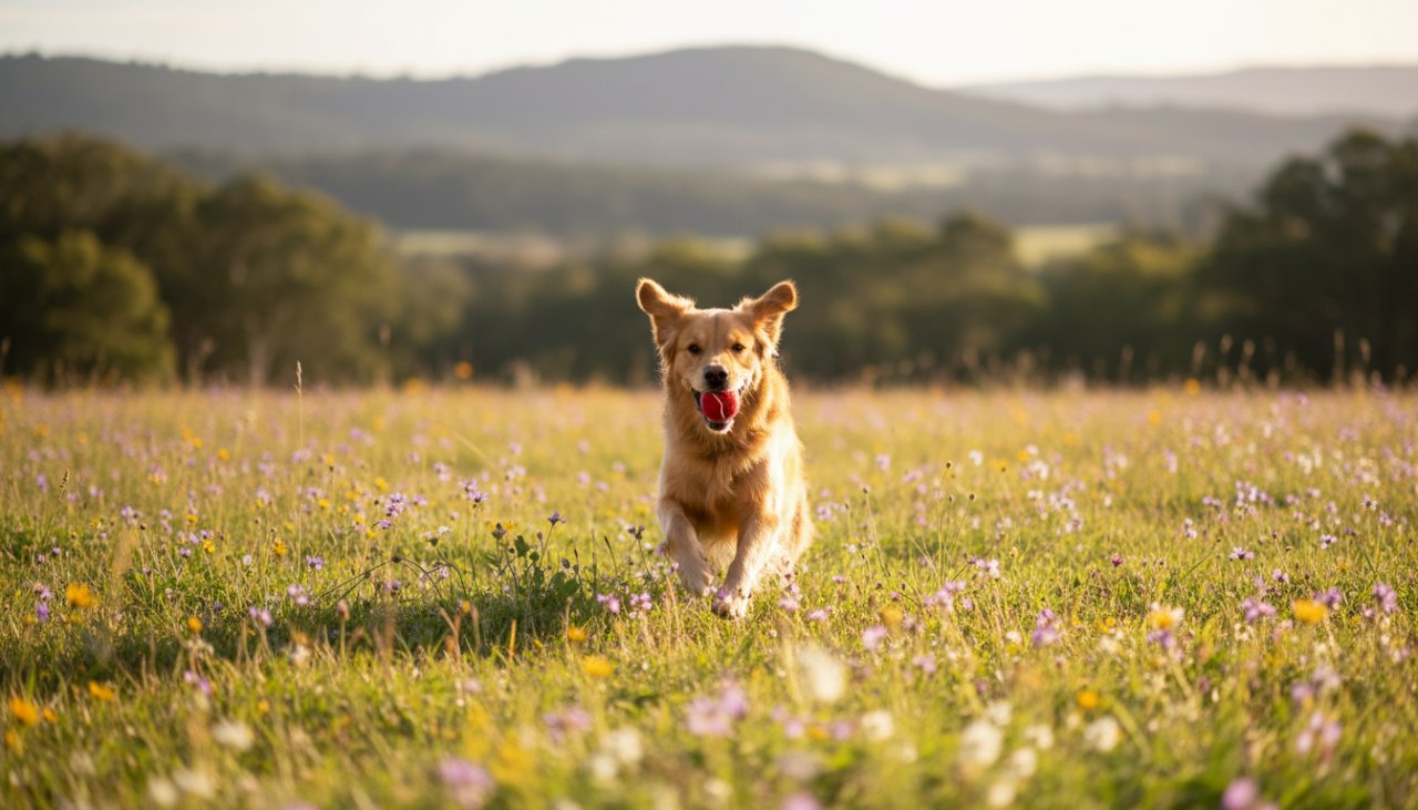 An energetic golden retriever joyfully leaping through a sun-drenched meadow in Chum Creek, Victoria, chasing a frisbee with pure bliss, epitomising joyful pet portraits Chum Creek Victoria.