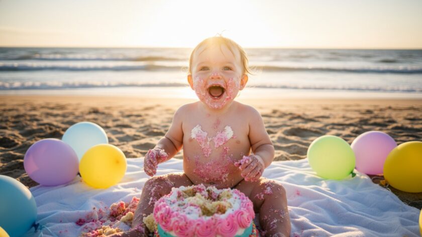 A heartwarming, sun-drenched photograph capturing a baby joyfully smashing a birthday cake on the scenic Rosebud beachfront, showcasing a Joyful Rosebud Cake Smash Photoshoot Victoria. Golden hour light bathes the scene, highlighting the baby's delighted expression amidst scattered cake and colourful balloons, with the gentle waves of Port Phillip Bay in the background.