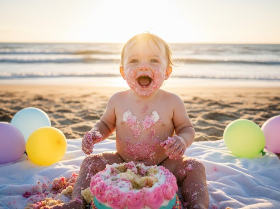 A heartwarming, sun-drenched photograph capturing a baby joyfully smashing a birthday cake on the scenic Rosebud beachfront, showcasing a Joyful Rosebud Cake Smash Photoshoot Victoria. Golden hour light bathes the scene, highlighting the baby's delighted expression amidst scattered cake and colourful balloons, with the gentle waves of Port Phillip Bay in the background.