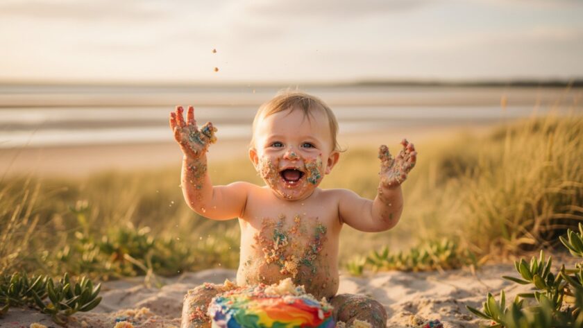 An incredibly joyful Tootgarook cake smash photography first birthday moment featuring a baby covered in cake, laughing exuberantly amidst colourful balloons and soft morning light on a pristine Tootgarook beach.