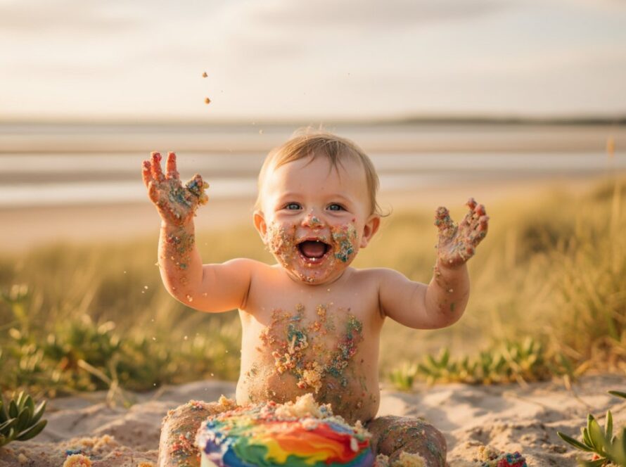 An incredibly joyful Tootgarook cake smash photography first birthday moment featuring a baby covered in cake, laughing exuberantly amidst colourful balloons and soft morning light on a pristine Tootgarook beach.