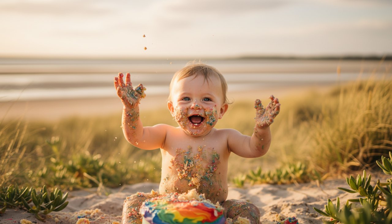 An incredibly joyful Tootgarook cake smash photography first birthday moment featuring a baby covered in cake, laughing exuberantly amidst colourful balloons and soft morning light on a pristine Tootgarook beach.
