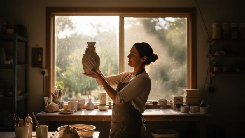 Dynamic wide shot showcasing Kallista authentic advertising photography for local artisans, featuring a skilled artisan proudly displaying handcrafted ceramic mugs against the backdrop of a sun-dappled Dandenong Ranges forest, golden hour light, cinematic, epic moment.