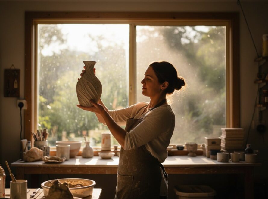 Dynamic wide shot showcasing Kallista authentic advertising photography for local artisans, featuring a skilled artisan proudly displaying handcrafted ceramic mugs against the backdrop of a sun-dappled Dandenong Ranges forest, golden hour light, cinematic, epic moment.