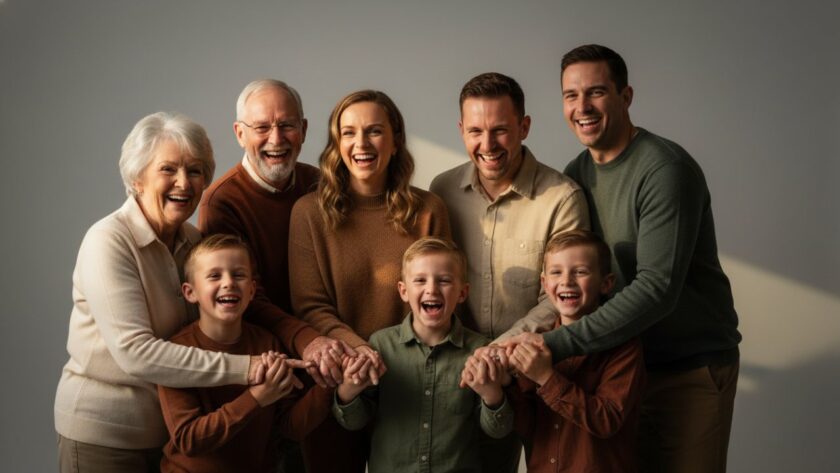 A vibrant and emotionally charged Kallista bespoke studio photography experience, capturing a family's joyous laughter in a beautifully lit, modern studio setting, with the parents embracing their child as warm light floods from a large window, creating a cinematic and authentic portrait.
