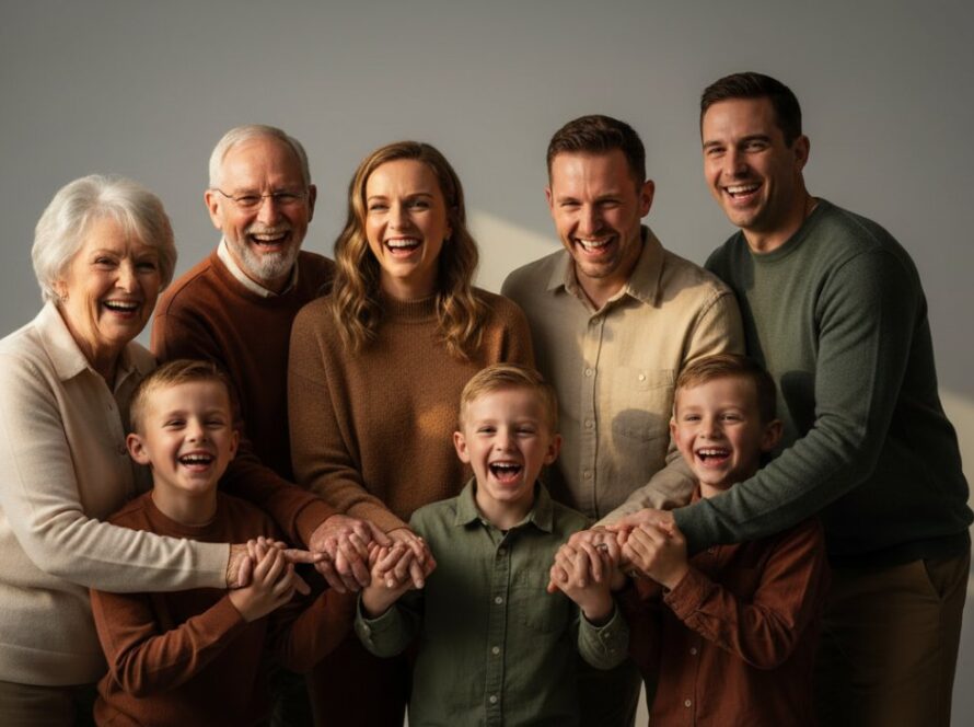 A vibrant and emotionally charged Kallista bespoke studio photography experience, capturing a family's joyous laughter in a beautifully lit, modern studio setting, with the parents embracing their child as warm light floods from a large window, creating a cinematic and authentic portrait.