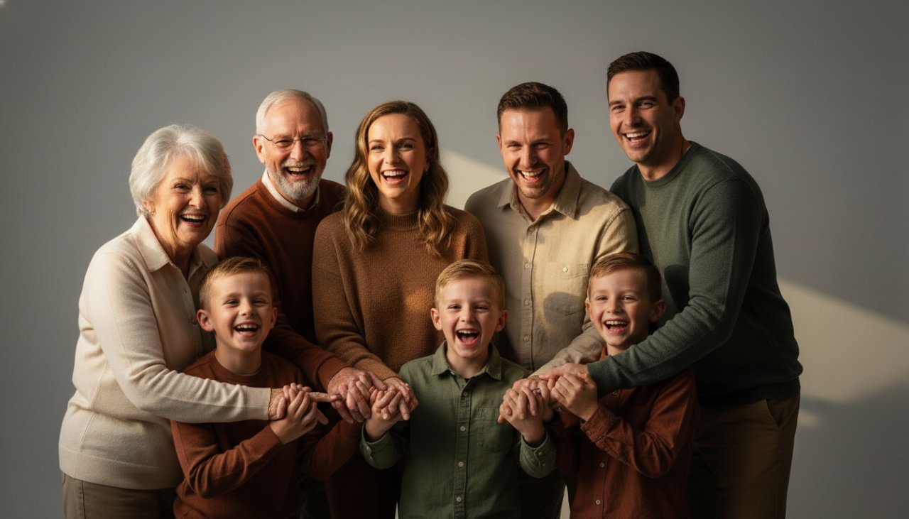 A vibrant and emotionally charged Kallista bespoke studio photography experience, capturing a family's joyous laughter in a beautifully lit, modern studio setting, with the parents embracing their child as warm light floods from a large window, creating a cinematic and authentic portrait.