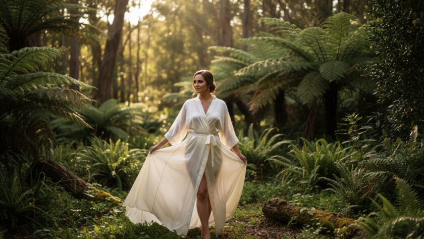 A confident woman in a flowing silk robe, bathed in soft, ethereal light filtering through tall eucalyptus trees in a secluded Kallista garden, embodying the essence of Kallista boudoir photography for empowering confident women.