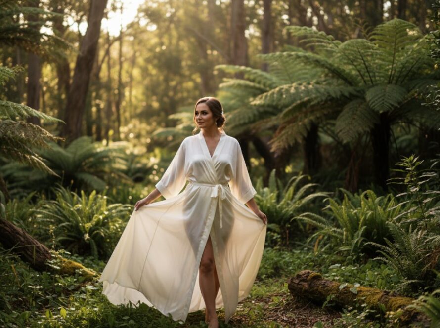 A confident woman in a flowing silk robe, bathed in soft, ethereal light filtering through tall eucalyptus trees in a secluded Kallista garden, embodying the essence of Kallista boudoir photography for empowering confident women.
