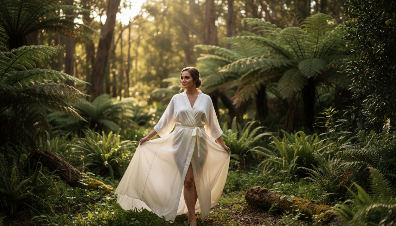 A confident woman in a flowing silk robe, bathed in soft, ethereal light filtering through tall eucalyptus trees in a secluded Kallista garden, embodying the essence of Kallista boudoir photography for empowering confident women.