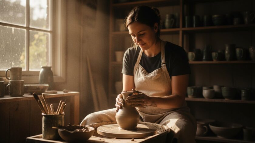 An inspired female artisan, surrounded by the lush, misty greenery of Kallista in the Dandenong Ranges, thoughtfully arranging handmade ceramics on an elegant wooden table, with soft, natural light filtering through the eucalypts, creating an epic moment for Kallista business branding photography.