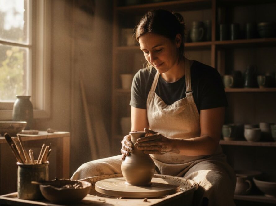 An inspired female artisan, surrounded by the lush, misty greenery of Kallista in the Dandenong Ranges, thoughtfully arranging handmade ceramics on an elegant wooden table, with soft, natural light filtering through the eucalypts, creating an epic moment for Kallista business branding photography.