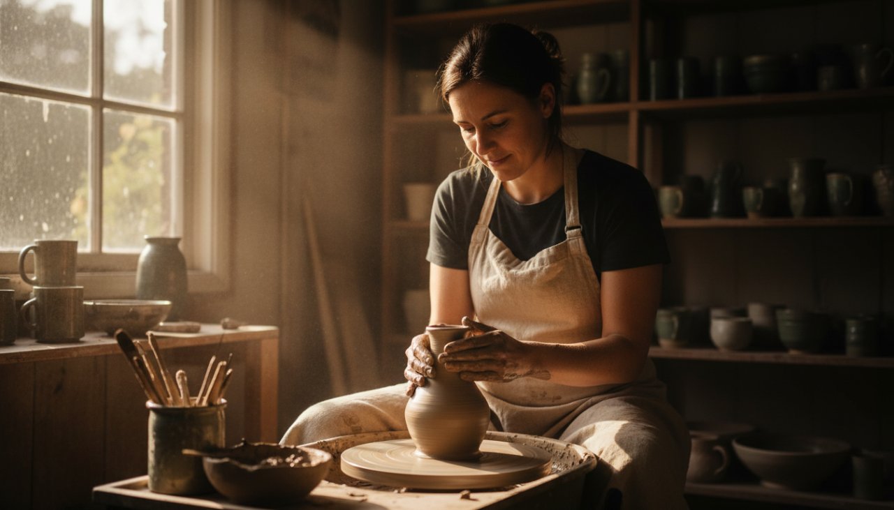 An inspired female artisan, surrounded by the lush, misty greenery of Kallista in the Dandenong Ranges, thoughtfully arranging handmade ceramics on an elegant wooden table, with soft, natural light filtering through the eucalypts, creating an epic moment for Kallista business branding photography.