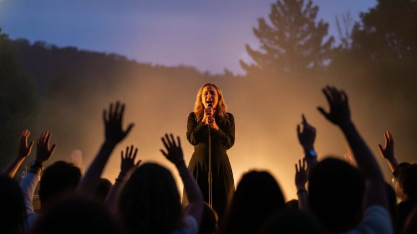 An epic moment captured during Kallista concert photography vibrant moments: a lead singer bathed in dramatic purple and blue stage lights, microphone in hand, passionately engaging with a cheering crowd at an outdoor community stage in Kallista, surrounded by lush Dandenong Ranges greenery.