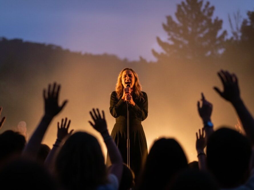 An epic moment captured during Kallista concert photography vibrant moments: a lead singer bathed in dramatic purple and blue stage lights, microphone in hand, passionately engaging with a cheering crowd at an outdoor community stage in Kallista, surrounded by lush Dandenong Ranges greenery.