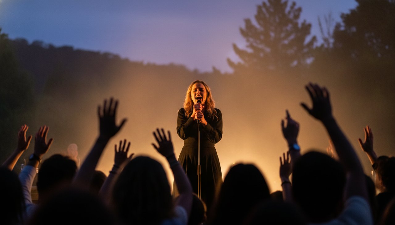 An epic moment captured during Kallista concert photography vibrant moments: a lead singer bathed in dramatic purple and blue stage lights, microphone in hand, passionately engaging with a cheering crowd at an outdoor community stage in Kallista, surrounded by lush Dandenong Ranges greenery.