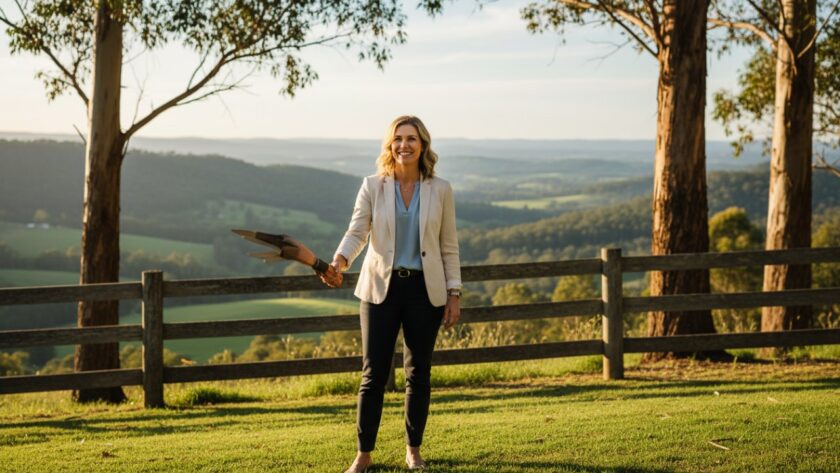 A successful business professional in Kallista receives a compliment, beaming with confidence during a natural light outdoor corporate headshot session, showcasing the 'Kallista Corporate Headshots for Local Professionals' service against a lush, green Dandenong Ranges backdrop, golden hour lighting.