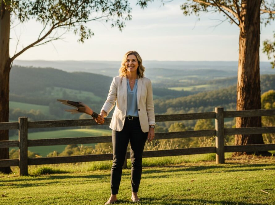 A successful business professional in Kallista receives a compliment, beaming with confidence during a natural light outdoor corporate headshot session, showcasing the 'Kallista Corporate Headshots for Local Professionals' service against a lush, green Dandenong Ranges backdrop, golden hour lighting.