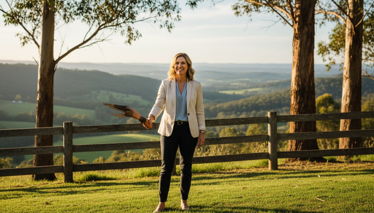 A successful business professional in Kallista receives a compliment, beaming with confidence during a natural light outdoor corporate headshot session, showcasing the 'Kallista Corporate Headshots for Local Professionals' service against a lush, green Dandenong Ranges backdrop, golden hour lighting.