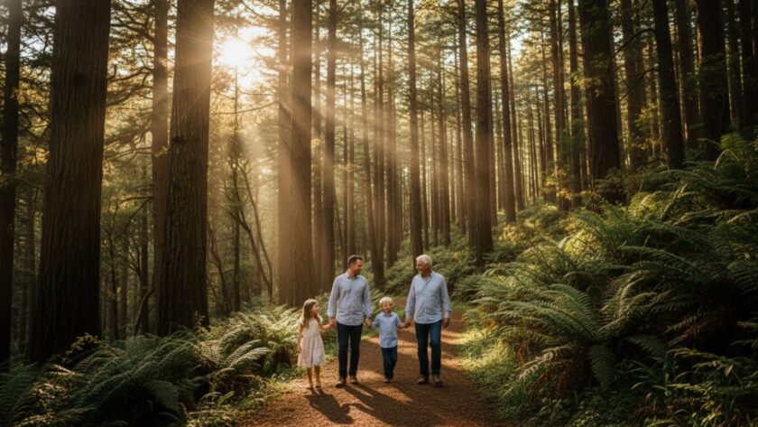 Joyful family running through lush fern gully in Kallista Dandenong Ranges, captured in an authentic family photography portrait at sunset, with golden light filtering through the towering trees, showcasing genuine laughter and connection.